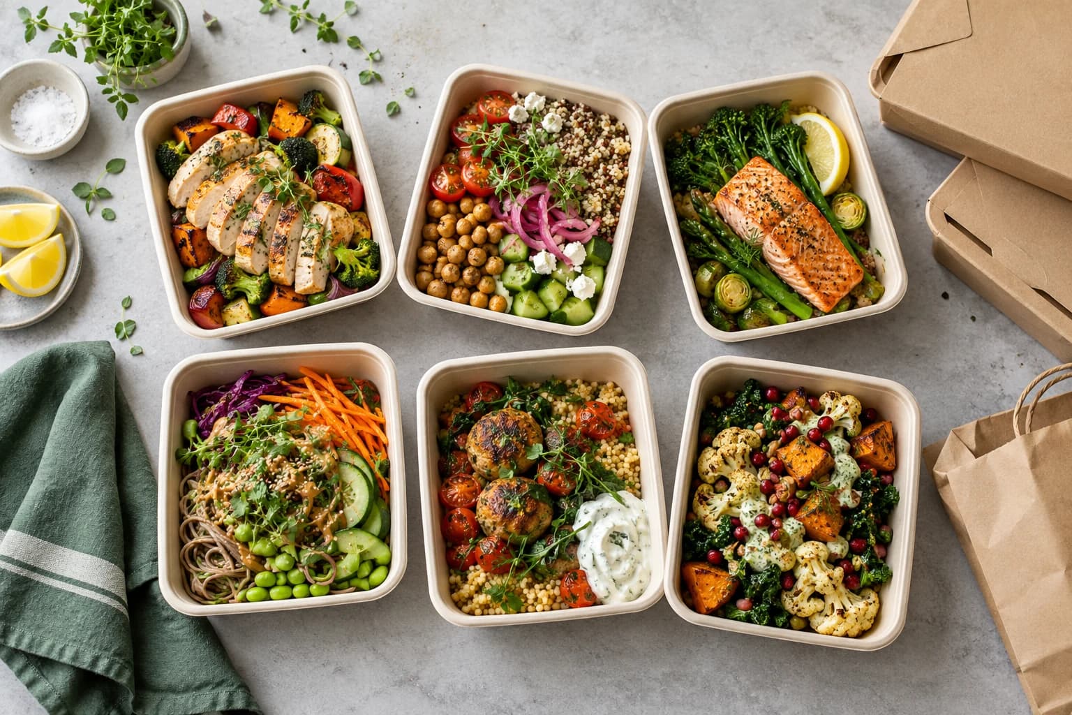 Overhead view of six prepared meals with recyclable packaging ready for a weekly order
