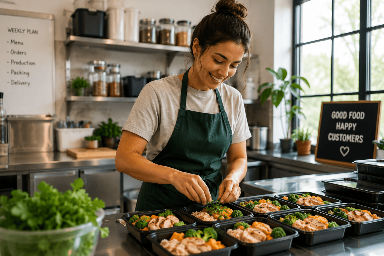 Meal-prep business owner preparing weekly customer orders