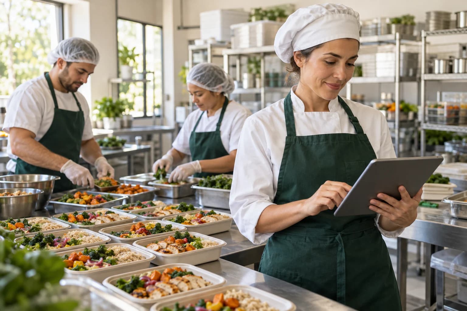Meal-prep team organizing work and portioning meals in a commercial kitchen