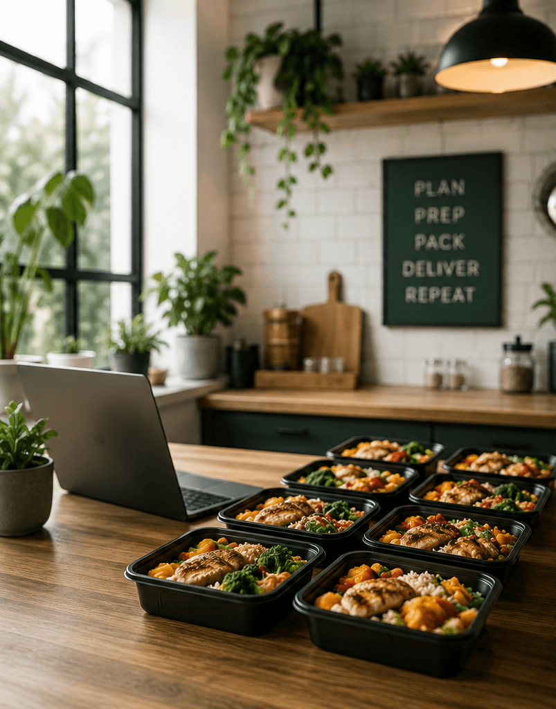 Prepared meals in a professional meal-prep kitchen