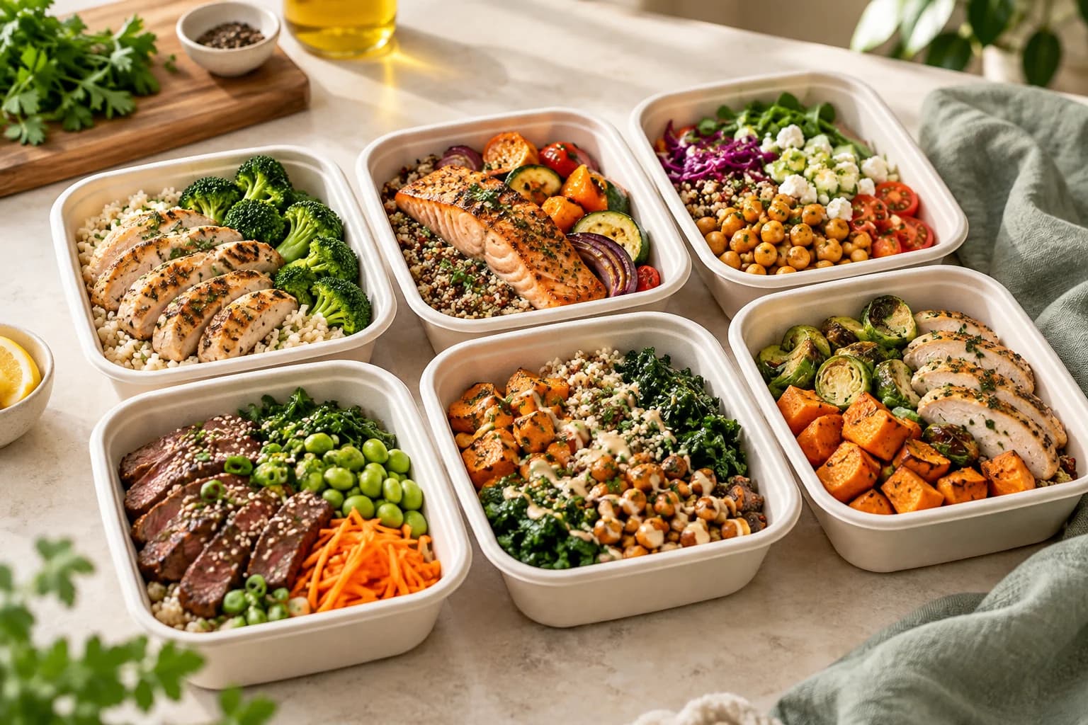 A varied selection of prepared meals in individual containers
